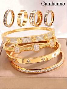 Camhanno 8pcs Creative Stainless Steel Plated 18K Gold Set, Full Diamond Bracelet, Ring, Date Wear Bracelet - Gold - View 1