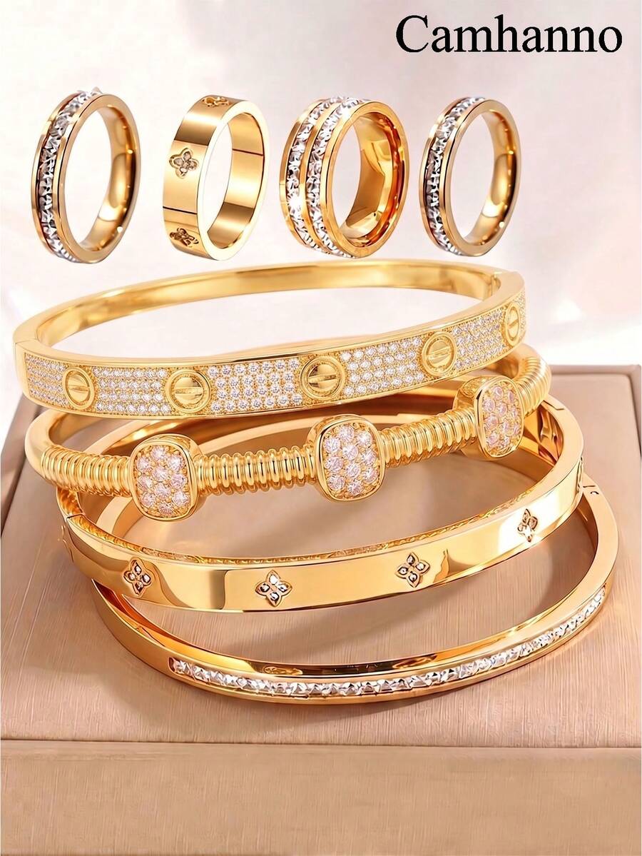 Camhanno 8pcs Creative Stainless Steel Plated 18K Gold Set, Full Diamond Bracelet, Ring, Date Wear Bracelet - Gold - View 1