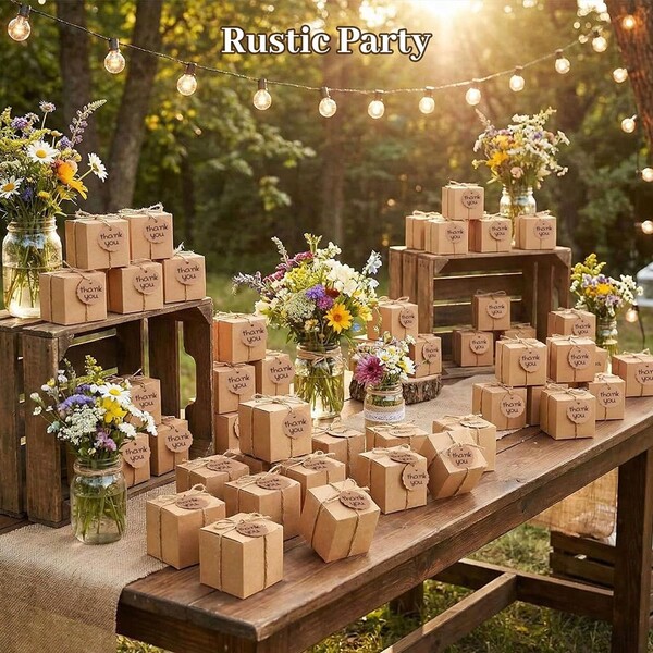 10pcs Cowhide Color Thank You Hanging Card Candy Box With Jute Rope, Gift Box For Wedding, Party, Birthday, Baby Shower