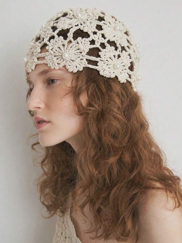 1PC Vintage Openwork Woven Pearl Flower Hat, Summer Beach Vacation Hat, Holiday Gift