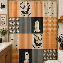 1Pcs Halloween Shower Curtain | Orange Black Pattern, Patchwork Ghosts And Bats Decoration Home Decor Bathroom Decor - A - View 4