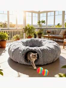 Cat Bed Tunnel Plush Mat - Detachable Washable Soft Mattress, Connectable Cat Play Tunnel, Multi-Functional Cat House, Suitable For Indoor Cats And Puppies To Keep Playing - Grey - View 7