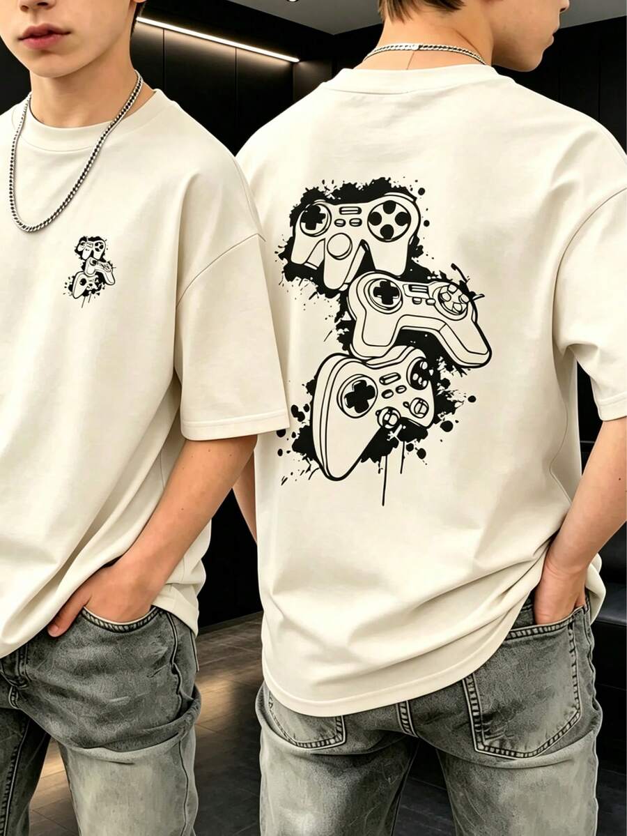 1 buah Kaos Lengan Pendek Bergambar Video Game untuk Anak Laki-laki Remaja, Atasan Musim Panas untuk Siswa Muda - Aprikot - View 1