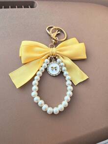 Pearl Bow Phone Lanyard Keychain Versatile Bag Charm - Yellow - View 4