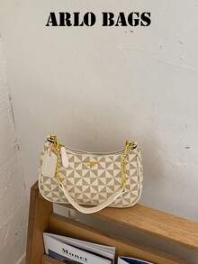 Off White Triangular Pattern Hobo Bag, Contrast Light Trim, Convertible Chain Shoulder & Cross Strap Lightweight Handbag For Shopping Office Occasion - White - View 4