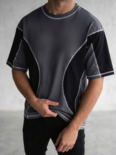 ZYNTH BALENO Camiseta de manga corta holgada con bloques de color y patchwork, moda de verano para hombres, esencial para deportes de verano