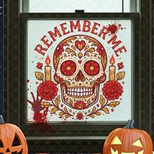 1pc Vintage Style Decorative Sugar Skull Window Sticker With Flowers Candles Leaves Arched Lucky Bones Text Centered Framed By Symmetrical Floral Vines Clear Vinyl Self-Adhesive Removable Easy Peel Stick For Glass Halloween Decoration - Multicolor - View 9