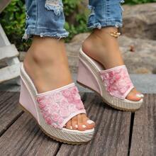 Women's Summer New Slip-On Wedge Platform Sandals, Thick Sole Mesh Floral Fabric, Lightweight Non-Slip High Heel Slouchy Slides - Pink - View 15
