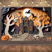 1 Halloween Banner, Castle And Pumpkin Pattern, Halloween Photography Background Cloth, Suitable For Home Entrance, Garden And Living Room Decoration - Multicolor - View 1