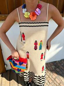 Standard Size Women's Spring/Summer Spaghetti Strap Contrast Color Webbing Patchwork Character Print Striped Patchwork Casual Vacation Dress - Multicolor - View 3
