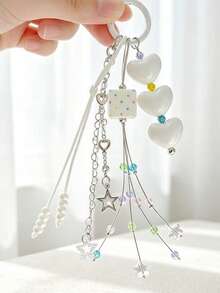 1pc Ins Style Heart Tassel Keychain, Colorful Polka Dot Square Bag Charm, Beaded Accessory - Multicolor - View 2