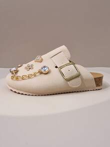 1 Pair Girls' Beige Faux Rhinestone + Heart Flower + Metal Chain Decor Non-Slip Wear-Resistant Soft Sole Closed-Toe Low-Top Buckle Flat Retro Casual Mule Shoes Spring/Summer School / Home / Outdoor Versatile - Beige - View 7