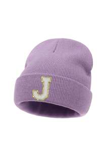 1PC Children's Knitted Hat With 26 Letters Pattern, Solid Color Knitted Caps, Children Hats For Girls, Warm Beanies For Outdoor, Autumn/Winter - Purple - View 7