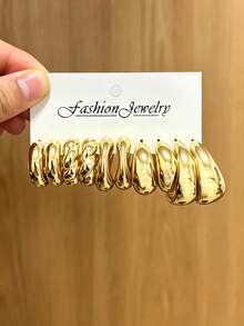 8pcs/18pcs Minimalist Elegant Premium Earring Collection, Metal Water Drop, Polished, Ribbed, Twisted, Versatile For All Face Shapes, Dating, Party, Daily Commute - Gold - View 8