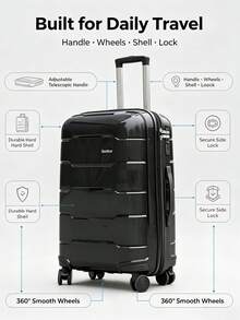 2 Pieces Black Hard-Shell Luggage Set, 20-Inch/24-Inch Suitcases, Lightweight PC Rolling Luggage, Silent Spinner Wheels, TSA Lock, Expandable, Suitable - Black PP1 - View 2