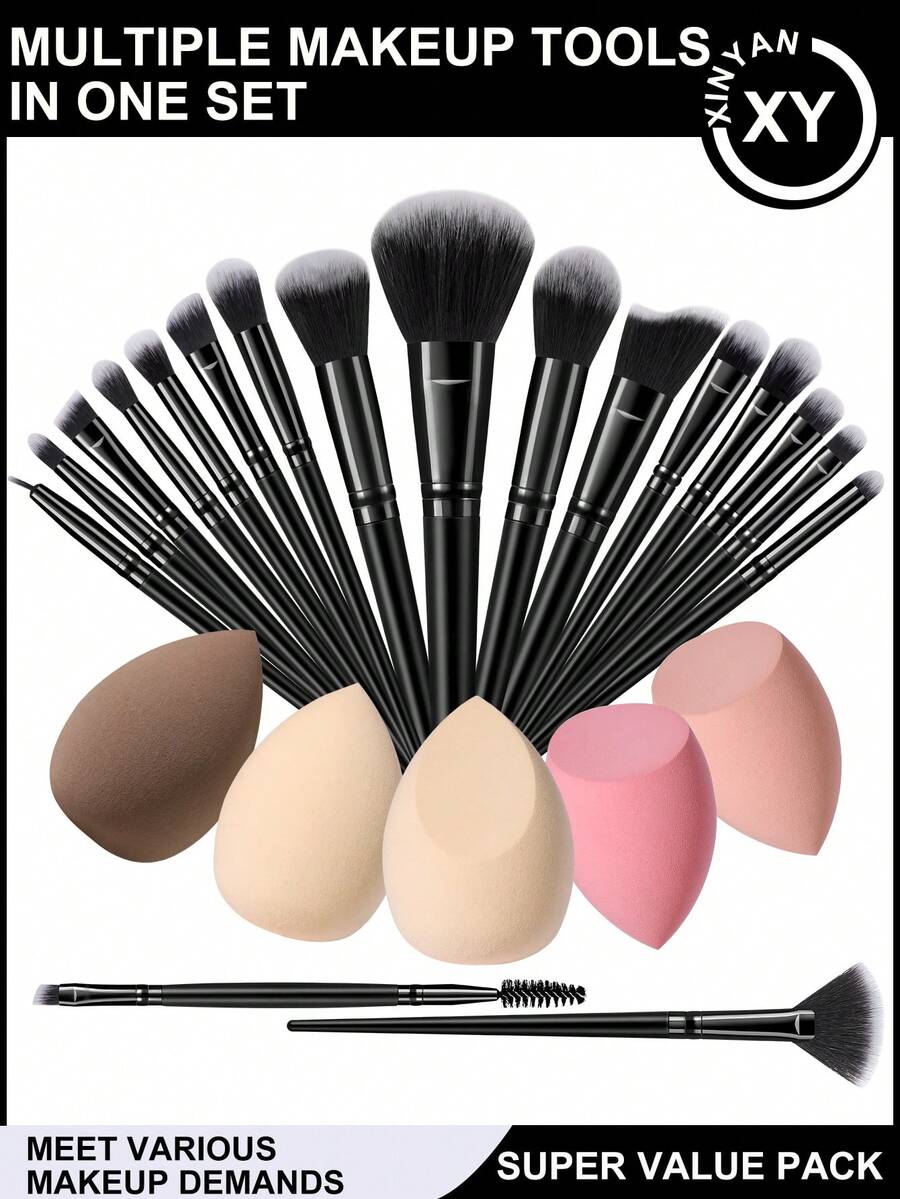 23Pcs All Black Makeup Brush Kit, 5Pcs Multi Color Waterdrop Makeup Sponges Dry Wet Dual Use Foundation Blending Sponge Makeup Applicator Set - Multicolor - View 1