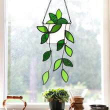 1pc Green Plant Window Catcher, Colorful Glass Window Hanging Decor, Handmade Faux Plant Colorful Glass Panel Catcher, Suitable For Plant Lovers, Unique Home Indoor/Outdoor Decoration - Green Leaves - View 7