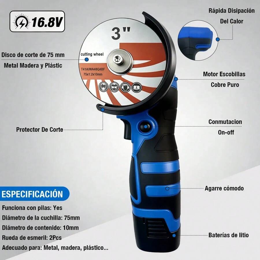 Mini Amoladora Angular Inalámbrica WANSE de 75 mm para Metal y Cerámica con 3 Baterías de 16.8 V