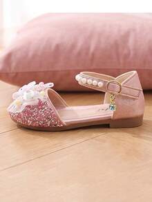 1 Pair Girls Pink Rhinestone Closed Toe Princess Sandals, Rabbit Colorful Beads Bow + Pearl Strap, Adjustable Gold Rhinestone Buckle, Non-Slip Thin Flat Sole, Breathable Lightweight Summer Shoes, Suitable For Toddlers.Kids Daily.Party.Wedding.Travel Wear - Pink - View 4