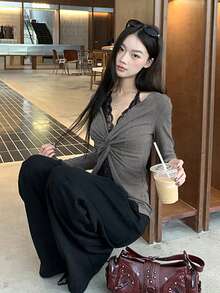 Women's Long Sleeve Lace T-Shirt 2 In 1 Top, Early Autumn - Grey - View 2