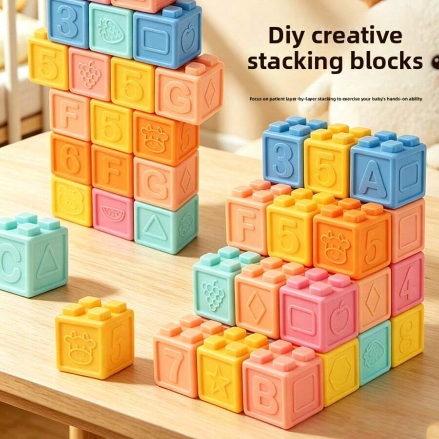 Khối gặm nướu silicon mềm cho bé, đồ chơi giáo dục sớm có thể luộc khử trùng, màu macaron dịu nhẹ bảo vệ mắt, họa tiết 3D dập nổi số, hình học, động vật và chữ cái, đồ chơi gặm nướu silicon giáo dục cho trẻ sơ sinh và chập chững tập đi, xếp chồng tự do lắp ráp bằng tay