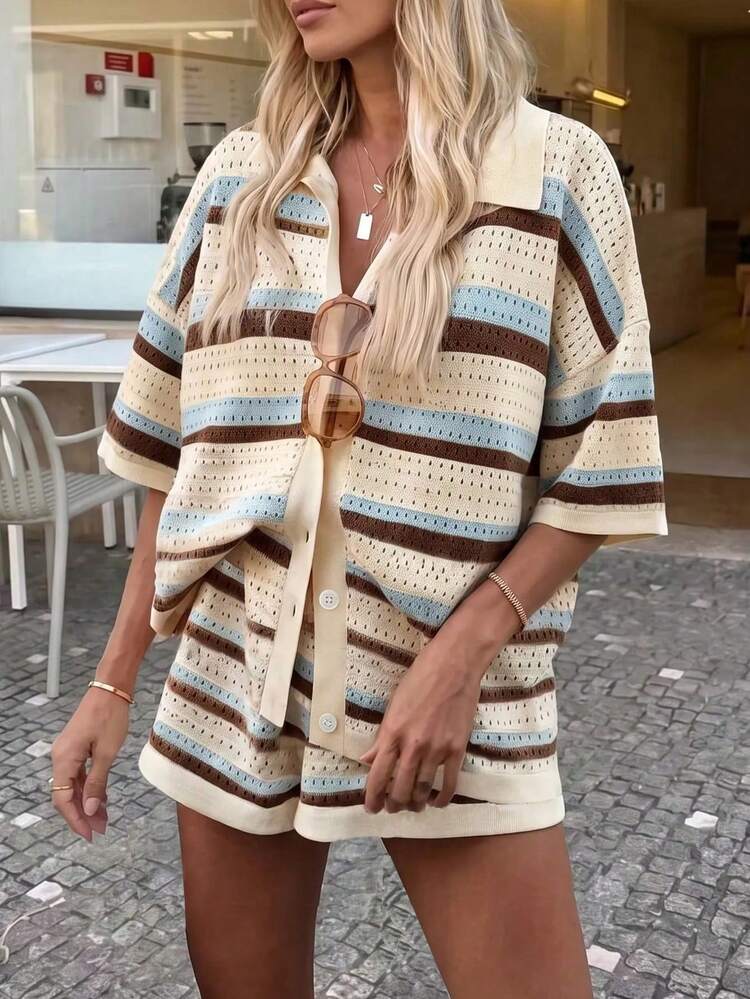 Women's Crochet Striped 2-Piece Set, Including A Collared Button-Up Top And Shorts, Perfect Choice For Elegant Summer Casual Outfit - Apricot - View 4
