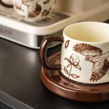 Vintage Floral & Bird Ceramic Teacup And Saucer Set, Luxury Retro Coffee Cup, Aesthetic Afternoon Tea Milk Mug, Elegant Home Cafe Decor, Gift For Her - Country Lily Coffee Cup and Saucer - Brown - View 4