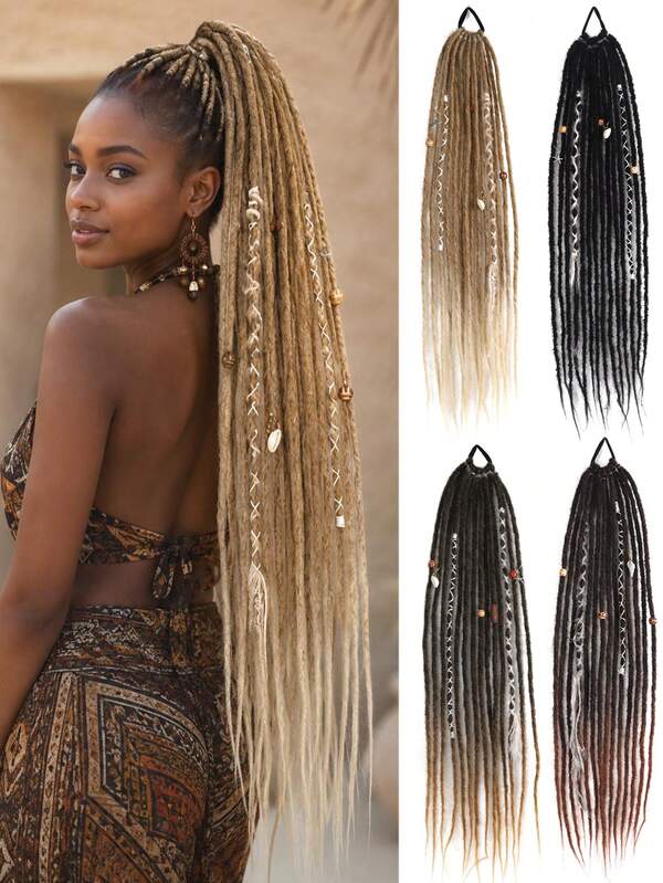 Bohemian-Style Braided Beaded Matte Gradient Dreadlocks African Hair Tie Ponytail, Perfect For Women To Wear At Parties And Gatherings.