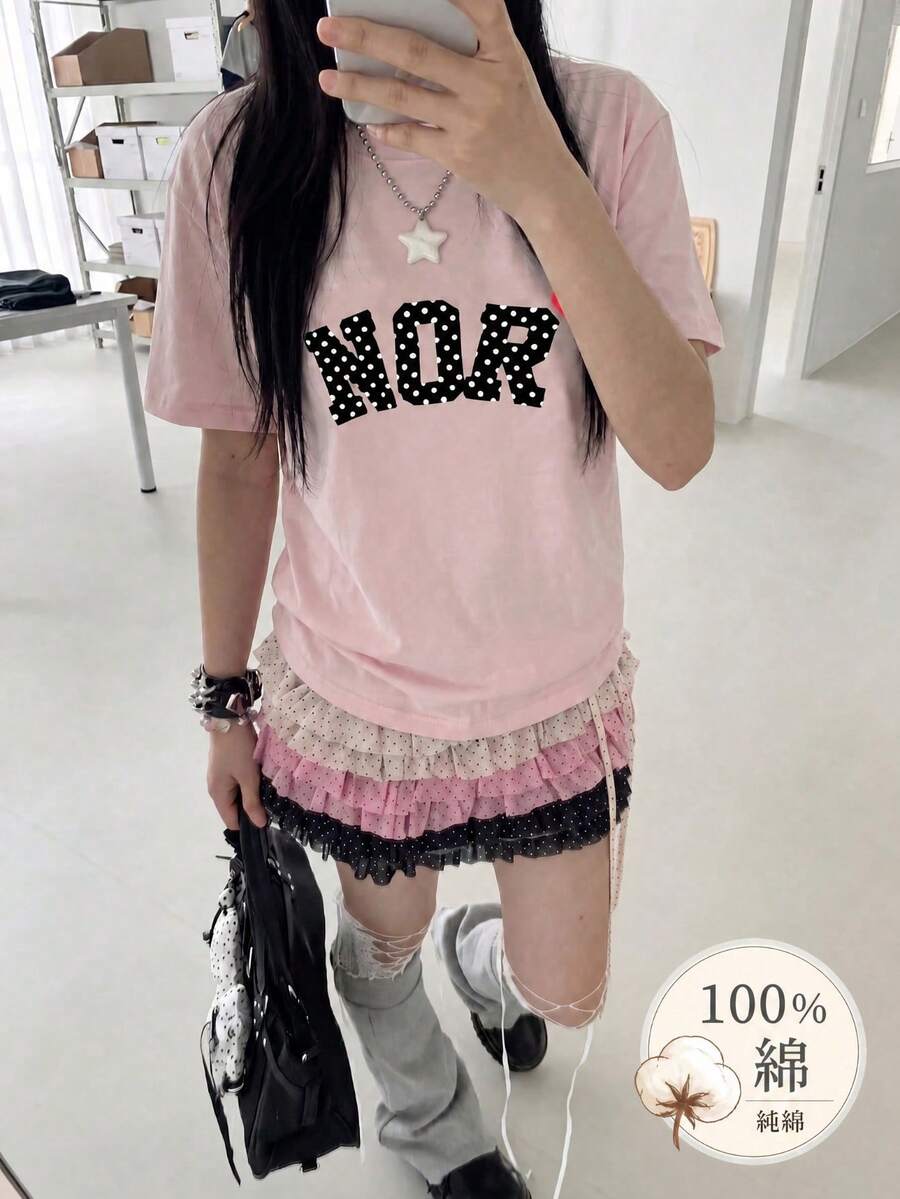 女款夏季休閒寬鬆字母與卡通印花短袖T恤 粉色,Y2K風格 - 粉色 - 查看 1