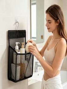 2pcs (1 Hanging Bag + 1 Transparent Hook) Lightweight Black Mesh Shower Storage Bag With Hook. Suitable For Bathroom, Gym, Dorm, Travel And Other Storage Solutions. Can Be Used As Shower Caddy, Wall-Mounted Storage, Hair Storage, Temporary Office Supplies Storage, Organizer Rack, Bedroom Storage, Bathroom Storage Rack, Key Storage Wall, Christmas, Storage, Packaging Bag, Bedroom Furniture And Women's Room Decor - Multicolor - View 5