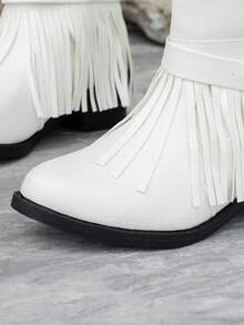 Women's Buckle Design Tassel Decor Pointed Toe Chunky Heel Western Boots Autumn/Winter New White Faux Leather Ankle Boots - White - View 6