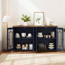 This 160cm Wide Kitchen Sideboard Features Glass Doors, A Large Storage Compartment, A Wood-Effect Worktop, And An Anti-Tip System. This Modern Sideboard Is Suitable For Kitchens, Dining Rooms, And Living Rooms. - Blue - View 4