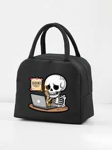 1 Pc, Creative Skeleton Pattern Printed Handbag, Large Capacity Handheld Lunch Box Bag, Suitable For Office Workers And Travel - one-size - View 13