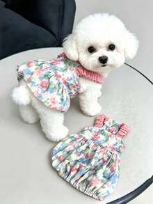 1pc Vintage Pink Floral Print Pet Dress, Ruffle Elastic Shoulder Strap Cute Dog Dress, Lightweight And Soft, Suitable For Bichon, Teddy, Schnauzer Small Dogs, Sweet Daily Walk Party Pet Outfit, With Ruched Hem Design - Multicolor - View 2