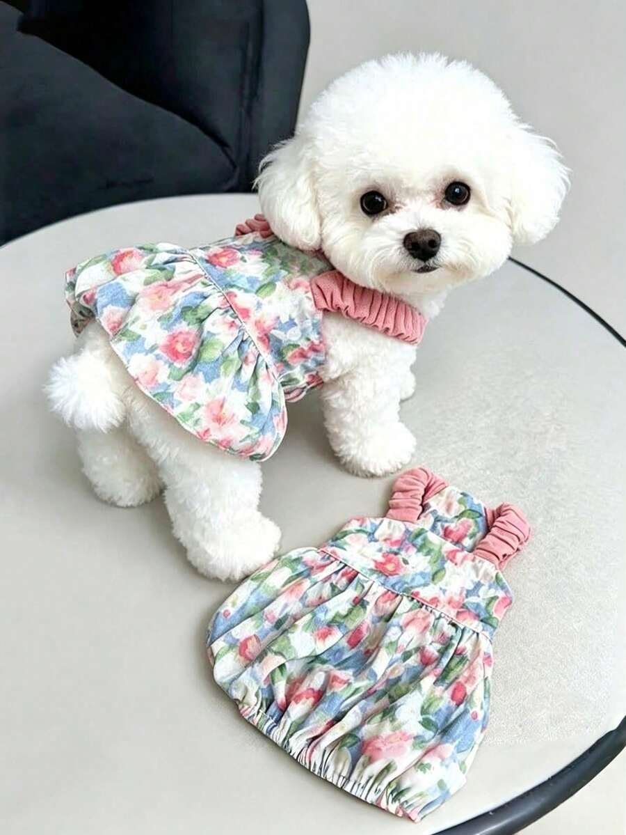 1pc Vintage Pink Floral Print Pet Dress, Ruffle Elastic Shoulder Strap Cute Dog Dress, Lightweight And Soft, Suitable For Bichon, Teddy, Schnauzer Small Dogs, Sweet Daily Walk Party Pet Outfit, With Ruched Hem Design