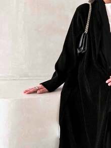 2pcs Women's Brown Long Kaftan Robe + Chiffon Matching Headscarf, Regular Long Sleeve, Non-Stretch Woven Fabric, Ideal Autumn Outfit Black Fall - Black - View 2