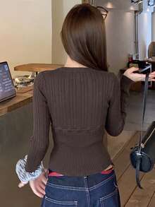 Autumn/Winter New Vintage Square Neck Tie-Front Slim Fit Knitted Top, Flattering Versatile Base Layer - Brown - View 6