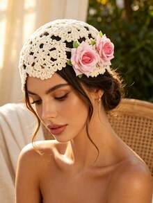 1 pieza Gorro turbante boho de ganchillo floral con tejido calado, gorro para el cabello con rosa roja, rosa rosa y lirio blanco, accesorios para el cabello para mujer, envoltura para la cabeza para vacaciones en la playa - Multicolor - Ver 2