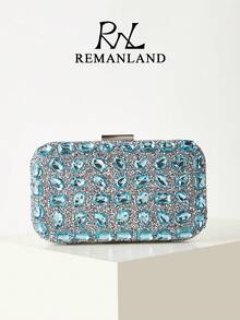 REMANLAND 亮面精緻方盒包，優雅時尚手拿包，淺藍色水鑽鏈條包，適合女性參加派對、婚禮、晚宴、宴會等場合，派對女孩與女性的理想選擇，也是送給女性的最佳禮物 - 淺藍色 - 查看 1