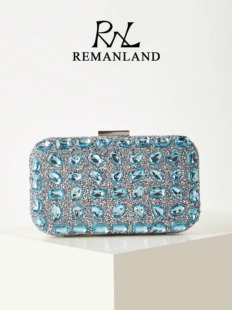 REMANLAND 亮面精緻方盒包,優雅時尚手拿包,淺藍色水鑽鏈條包,適合女性參加派對、婚禮、晚宴、宴會等場合,派對女孩與女性的理想選擇,也是送給女性的最佳禮物 - 淺藍色 - 查看 1