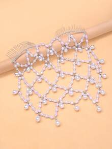 A Mesh Pearl Hair Chain Fairy Teardrop Pendant Hair Comb Bride Wedding Accessories For Women Hair Chain - Silver - View 3