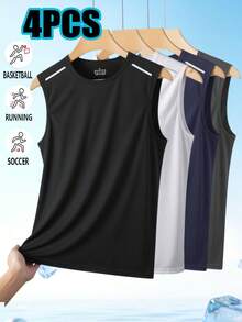 4pcs Men's Solid Color Sports Casual Sleeveless Tank Tops, Mesh Comfortable Fabric, Reflective Stripes Print, Inner Wear Home Outdoor Tops - Multicolor - View 12
