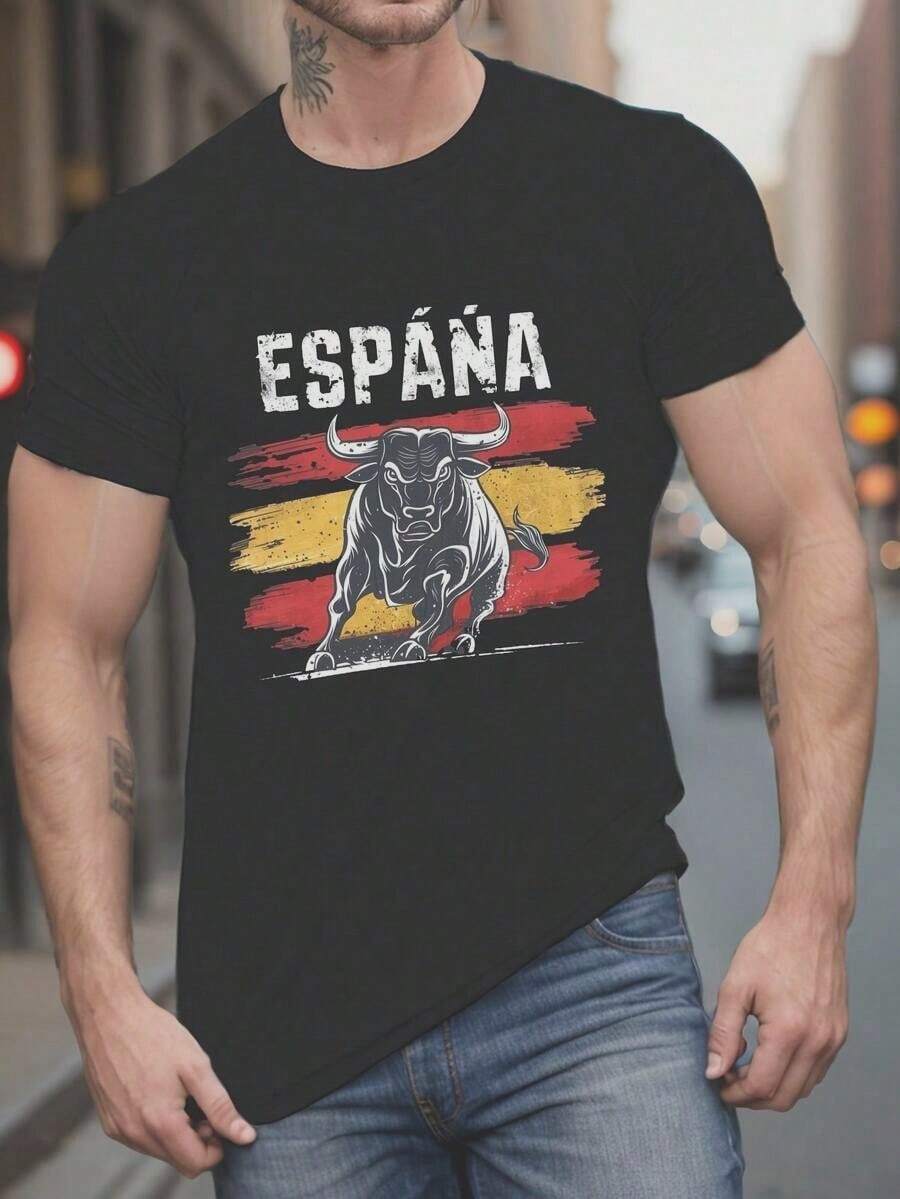 Camiseta de hombre con estampado de la bandera española y un toro - Camiseta casual transpirable, temática de toro español, lavable a máquina, cuello redondo, tallas grandes para uso casual - Negro - Ver 1