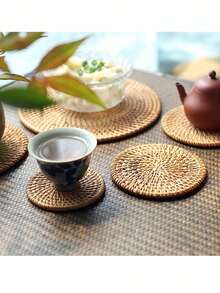 1pc/6pcs Handmade Woven Rattan Placemats, Japanese Minimalist Brown Round Heat-Resistant Anti-Scald Cup Coasters Placemats Suitable For Dining Table, Coffee Table, Home Essentials - Brown - View 7
