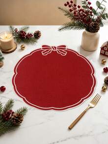 4pcs Red Christmas Linen Placemats, Red Bow Design, 38cm Diameter Round Table Mats, Holiday Party Table Decor, Holiday Tabletop Accessories, Home Kitchen Decoration, Merry Christmas Decoration - Christmas a - View 9