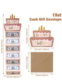 1組粉色與金色「Happy Birthday」折疊現金卡與信封，生日派對驚喜現金禮物，週年紀念現金折疊卡，生日現金裝飾，生日裝飾，生日禮物，派對禮物 - 多色 - 查看 11