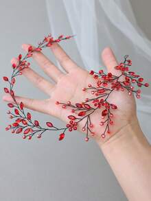 黑色線材紅色馬眼形水鑽彎曲彈性藤蔓側邊髮飾 新娘婚禮單身派對髮飾 - 紅色 - 查看 4