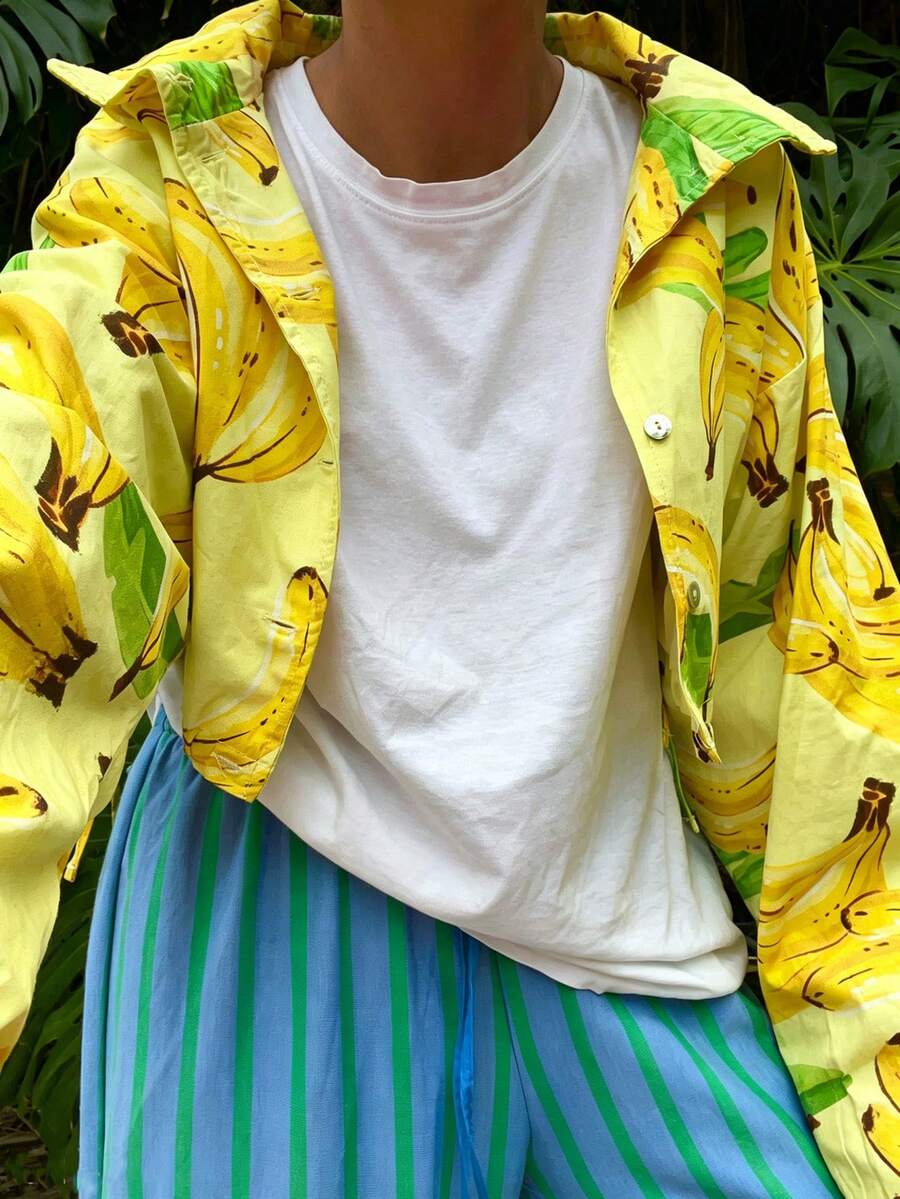 CAREE Women's Spring/Summer Yellow Banana Print Stand Collar Puff Long Sleeve Side Drawstring Cropped Loose Shirt Jacket Set - Multicolor - View 1