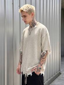 BLACKTOEXIT Men's Knitted Short Sleeve Crew Neck Loose Drop Shoulder American Street Style Distressed Raw Edge Fringe Solid Color Vintage Knit T-Shirt Spring - Apricot - View 4