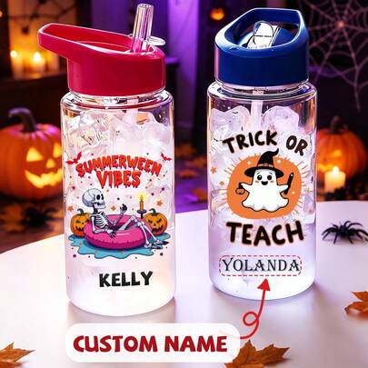 1PC 500ml Personalized Minimalist Halloween Theme Pattern - Customizable Name Plastic Straw Water Bottle, Hand Wash, Lightweight, Round, Suitable For Running And Sports, First Day Of School, Back To School Gift, Halloween Gift, Party, Travel, School Water Bottle, Ideal Gift For Birthday, Graduation, Boys, Girls, Teens